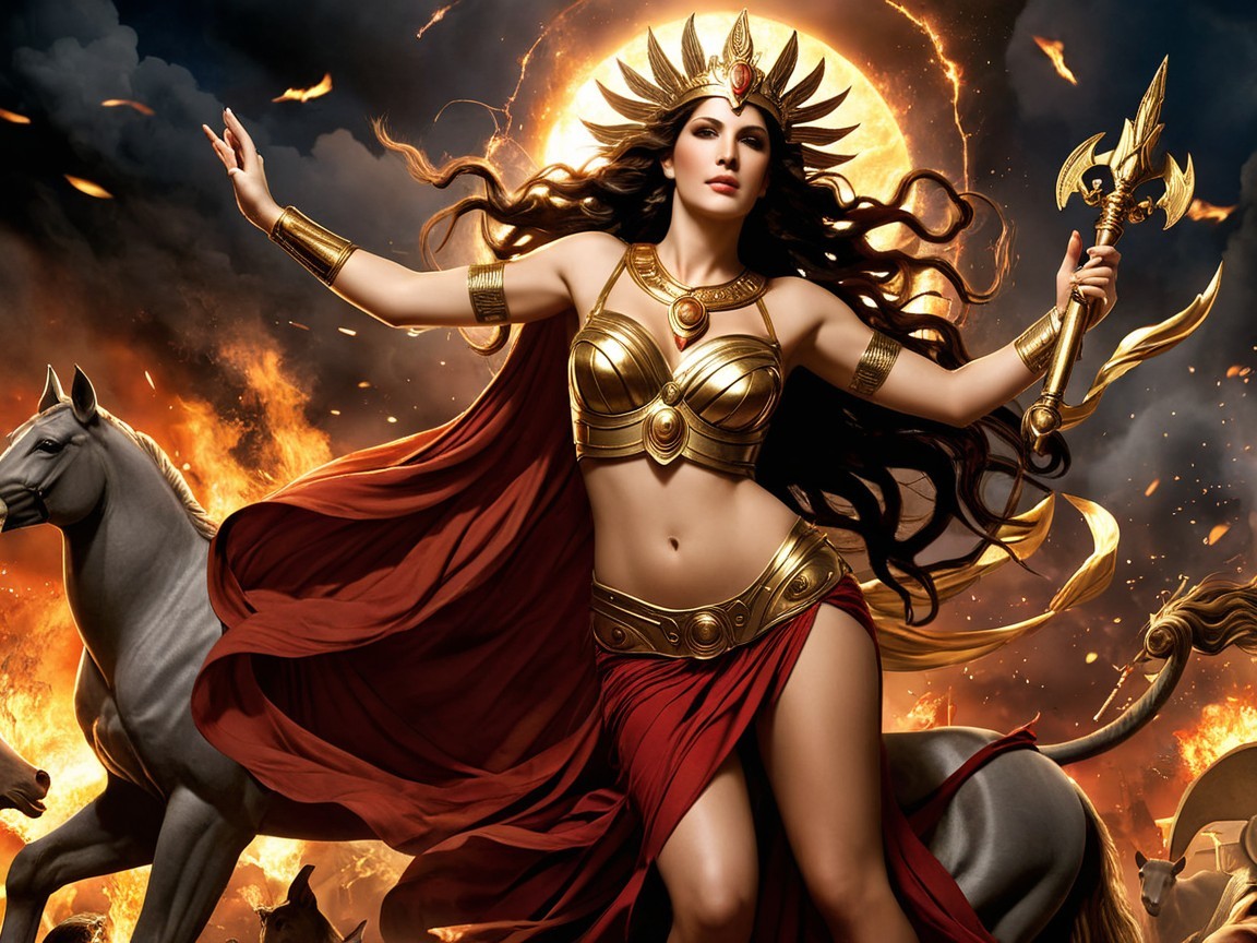 Majestic woman in golden attire with fiery backdrop