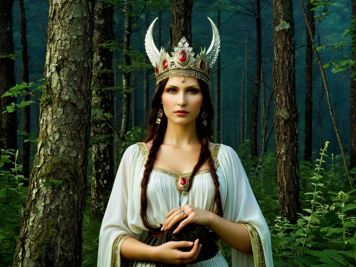 Regal Woman in White Gown in a Mystic Forest