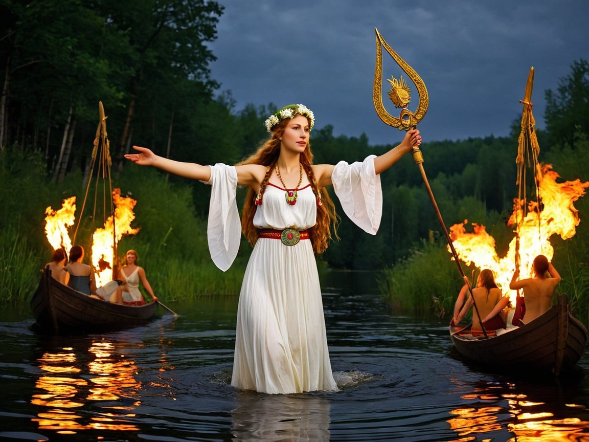 Serene Lake Scene with Woman in White Dress