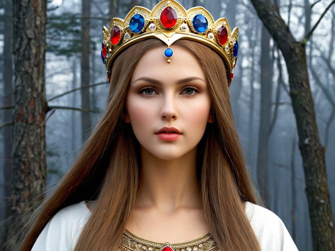 Majestic figure in misty forest with ornate crown