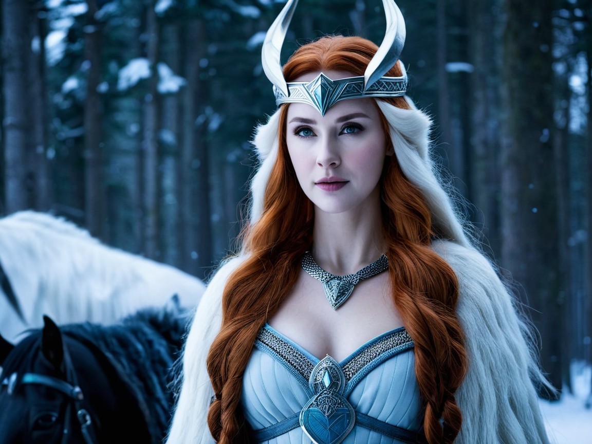 Regal figure in snowy forest with icy-blue gown