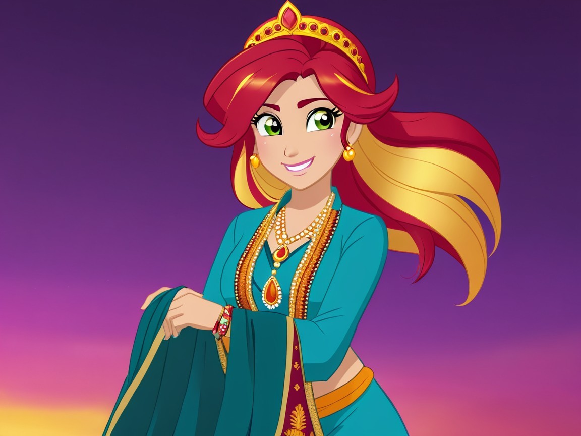 Vibrant animated character with red and golden hair