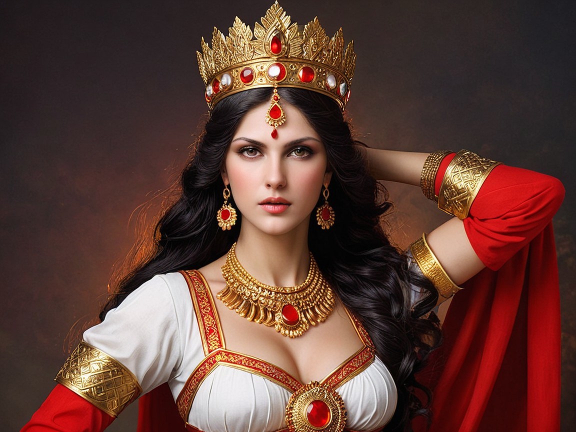 Regal Figure in Luxurious Red and White Attire