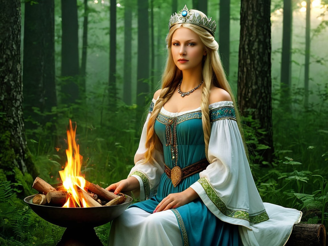 Princess in Turquoise Gown by a Crackling Fire
