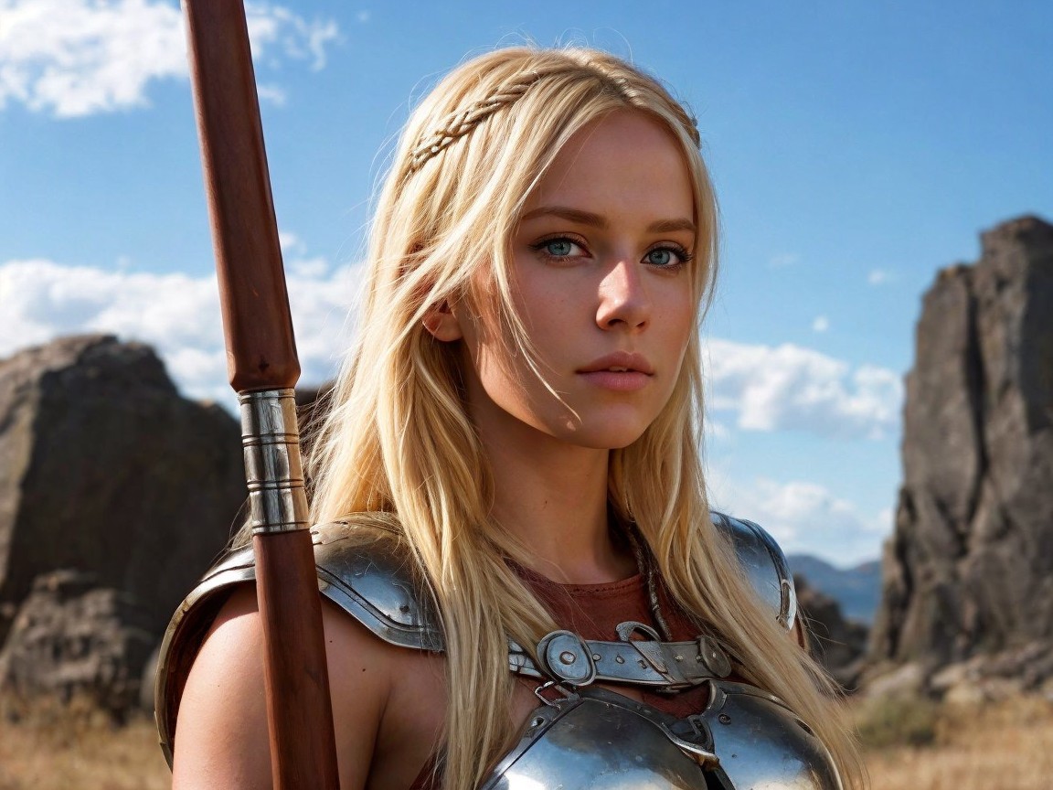 Warrior in Armor Against Rugged Landscape Background