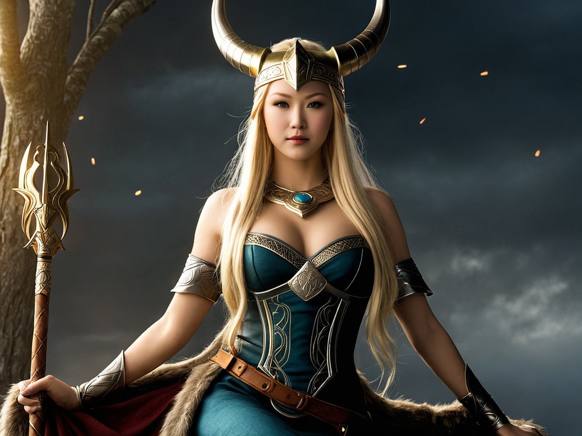 Majestic Figure in Blue Dress and Horned Helmet