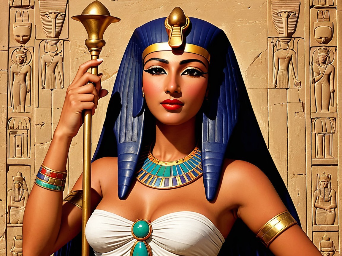 Regal Woman in Ancient Egyptian Attire with Hieroglyphs