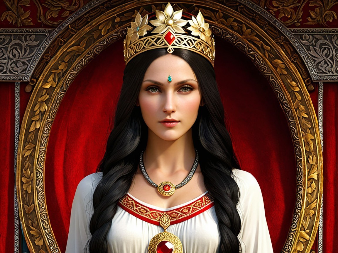 Regal Figure in Elegant Attire Against Red Backdrop