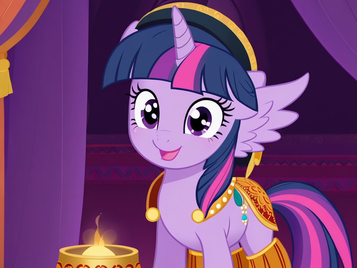 Cheerful purple pony with unicorn horn and wings
