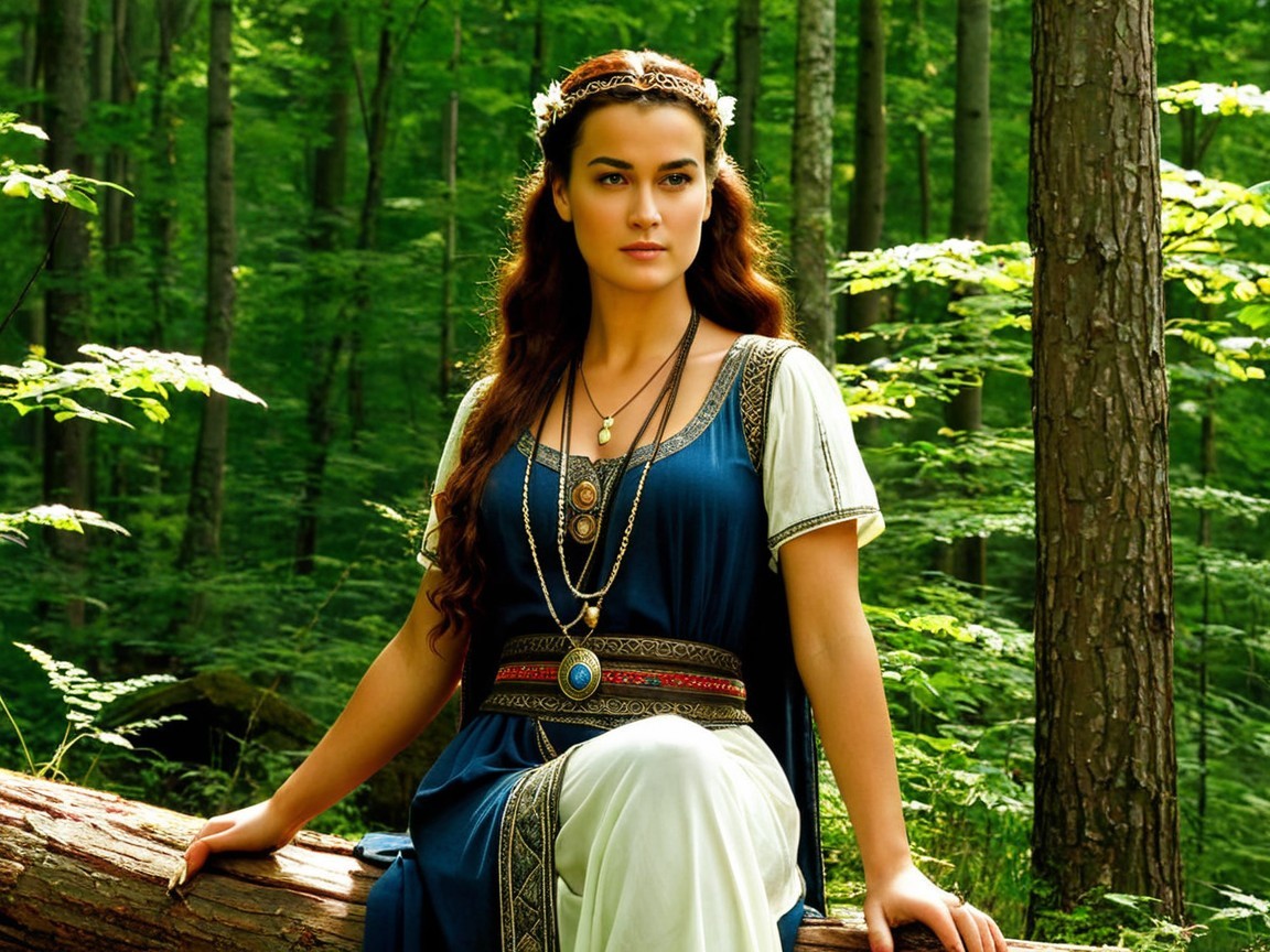 Young Woman in Elegant Gown in Lush Forest Setting