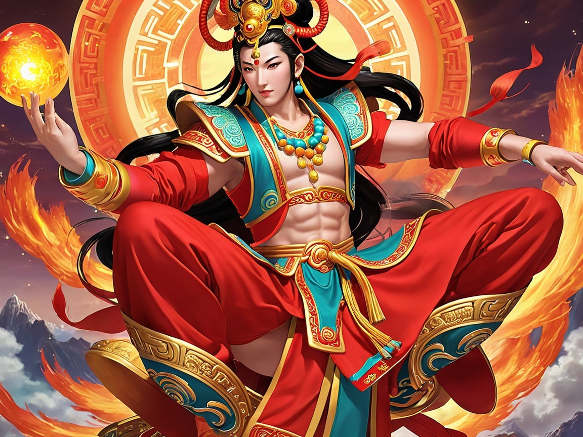 Majestic figure in red and gold with glowing orb