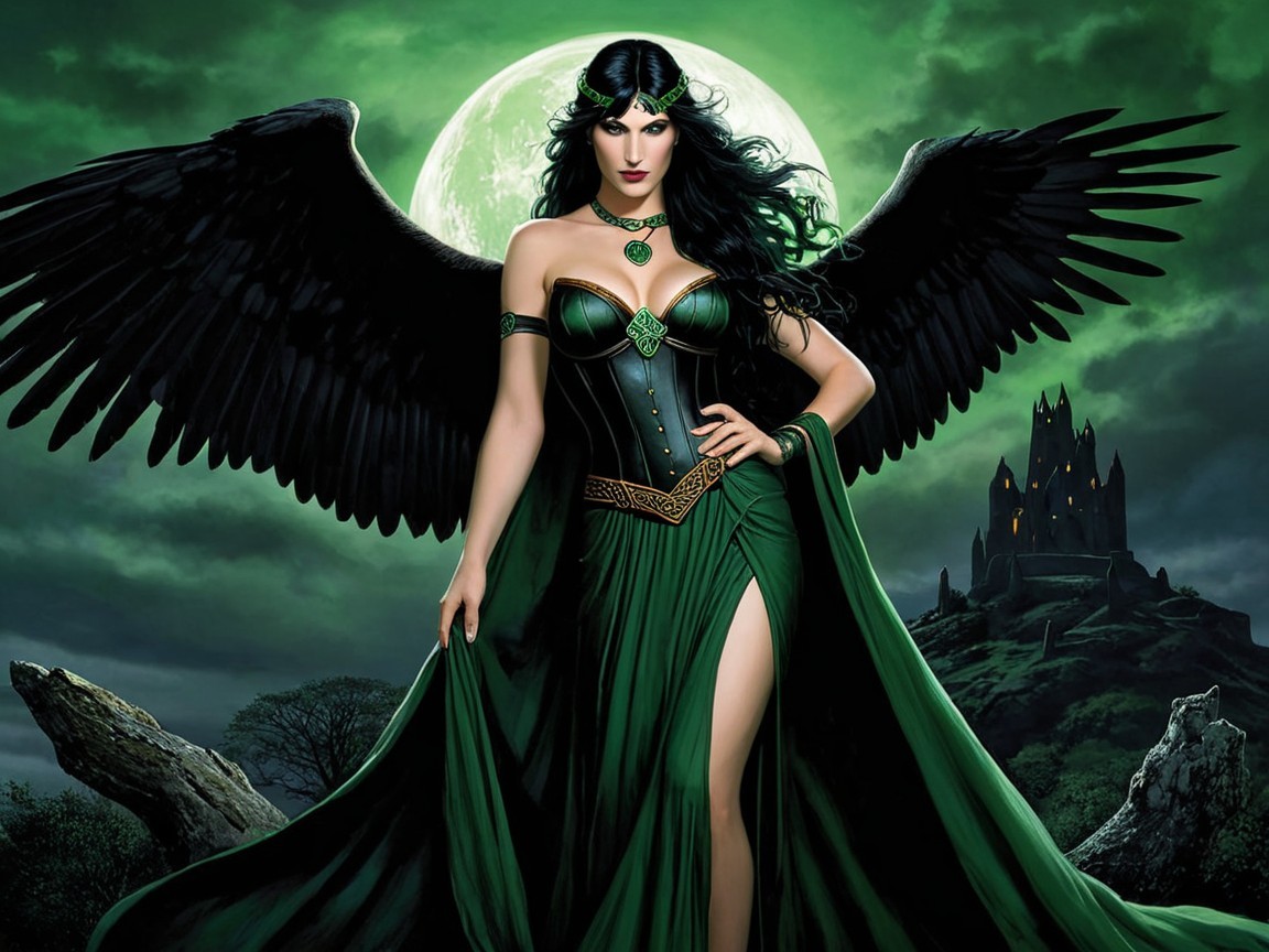 Mystical Figure with Wings Against Green Moonlit Sky