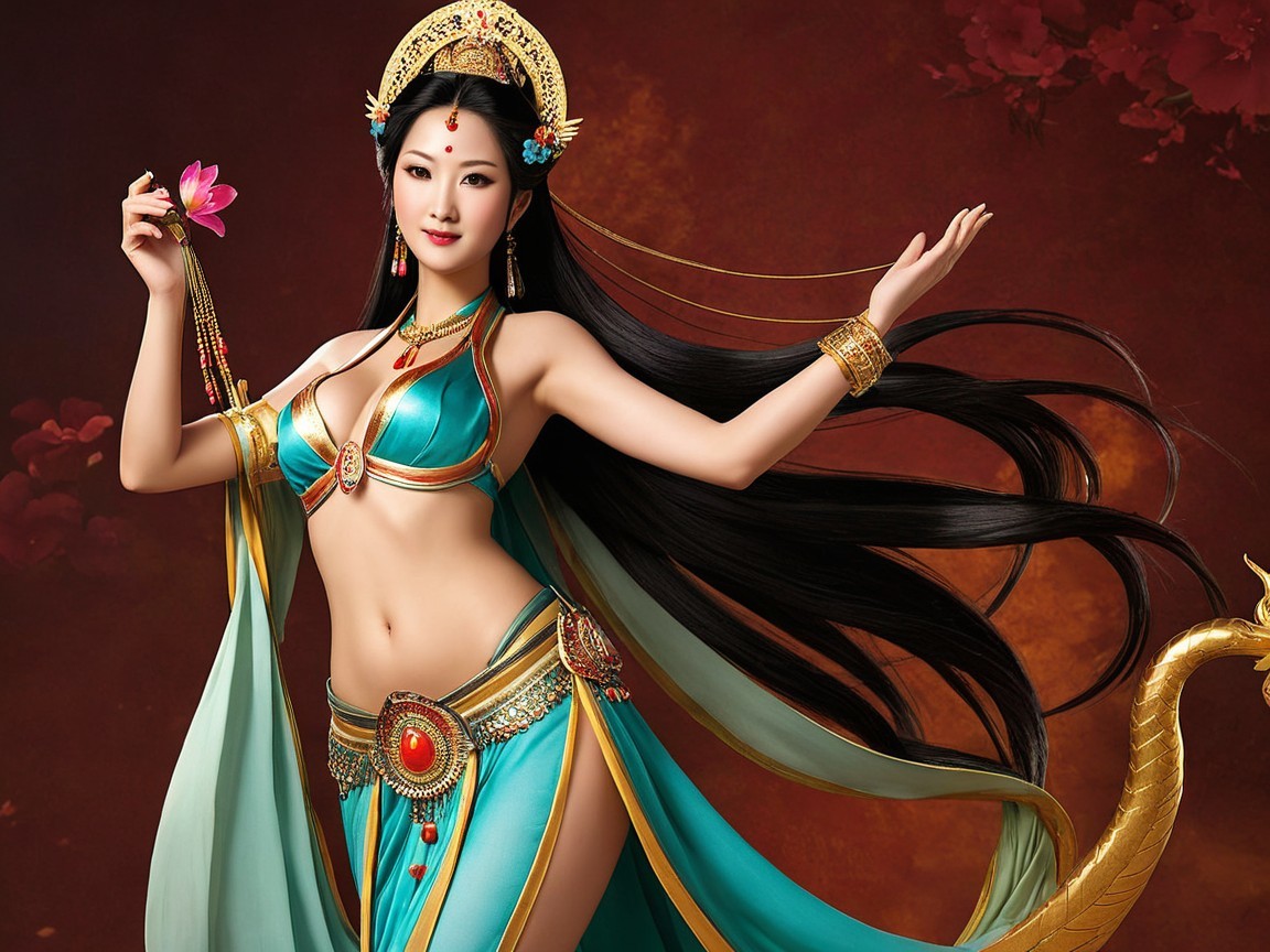 Adorned Woman in Turquoise Costume with Flower