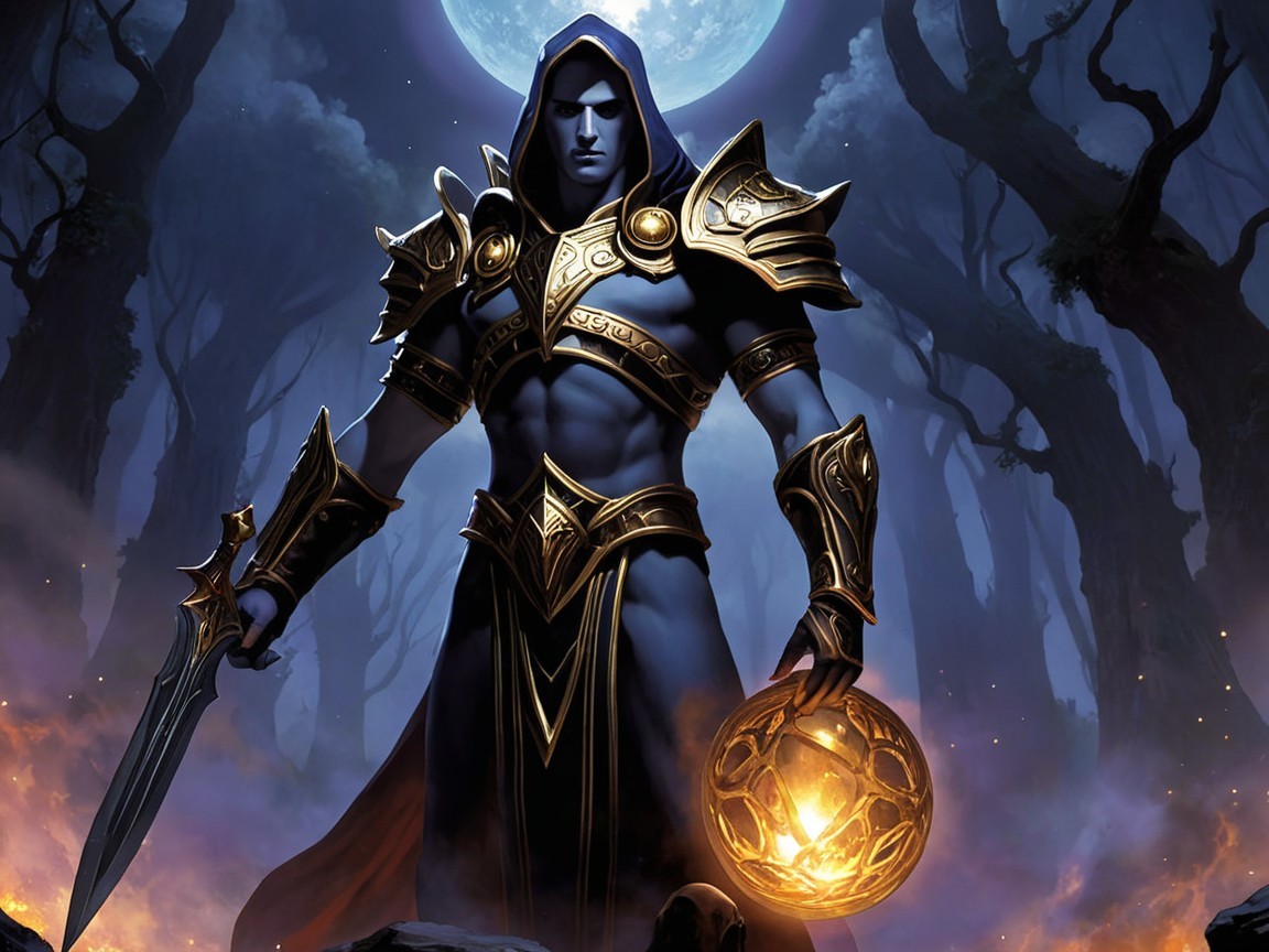 Warrior in Ornate Armor in Mystical Forest at Night