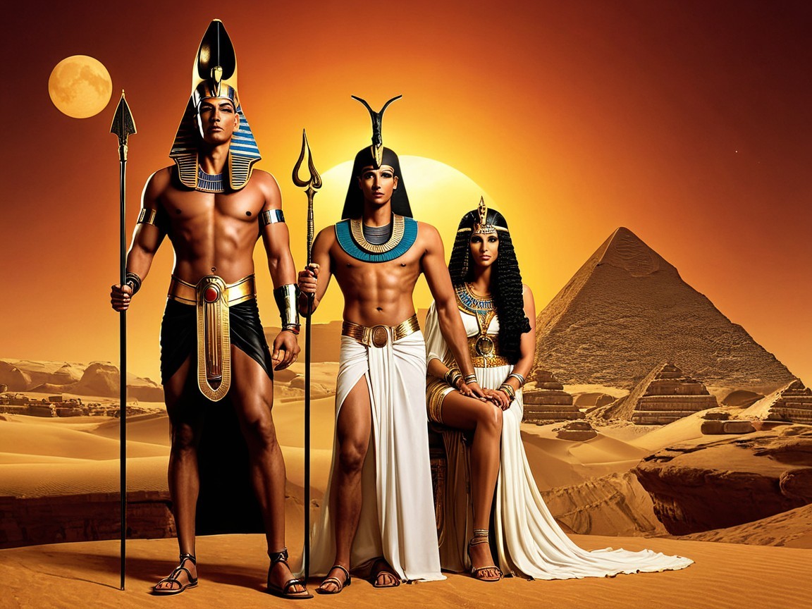 Ancient Egyptian Figures Against Sunset and Pyramids