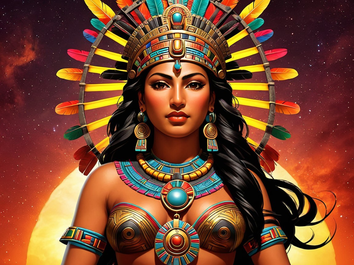 Majestic figure with feathers and cosmic backdrop