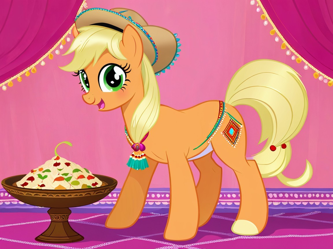 Cheerful cartoon pony with festive food bowl backdrop
