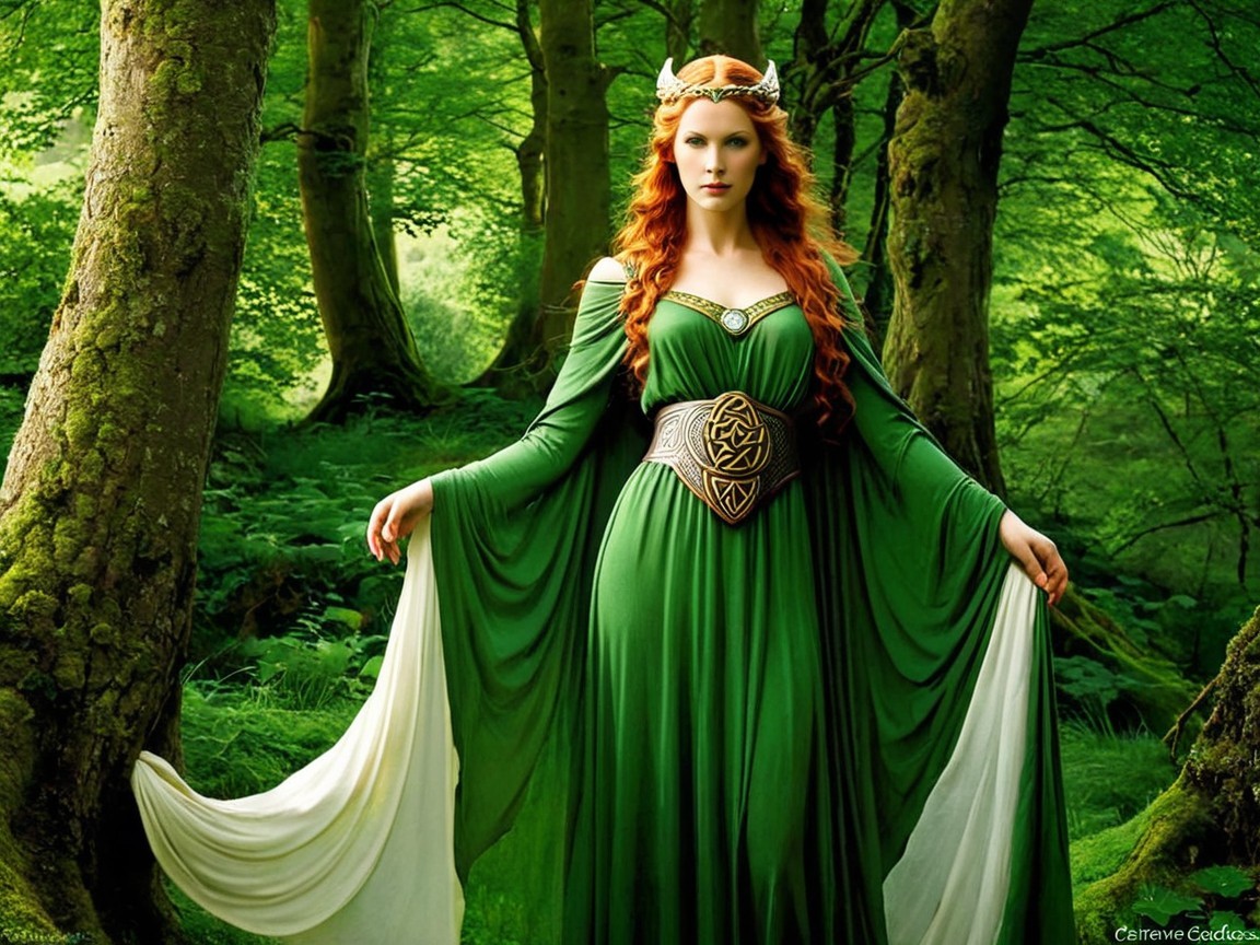 Regal figure in green gown within lush forest setting