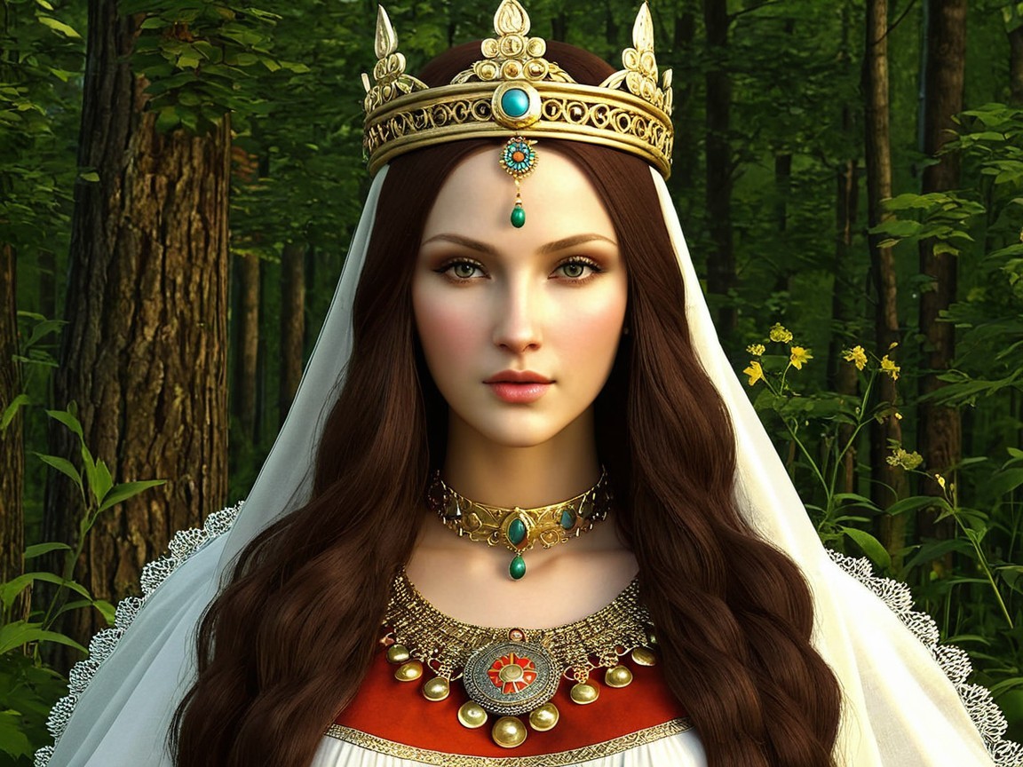 Regal woman in crown and jewelry in a forest setting