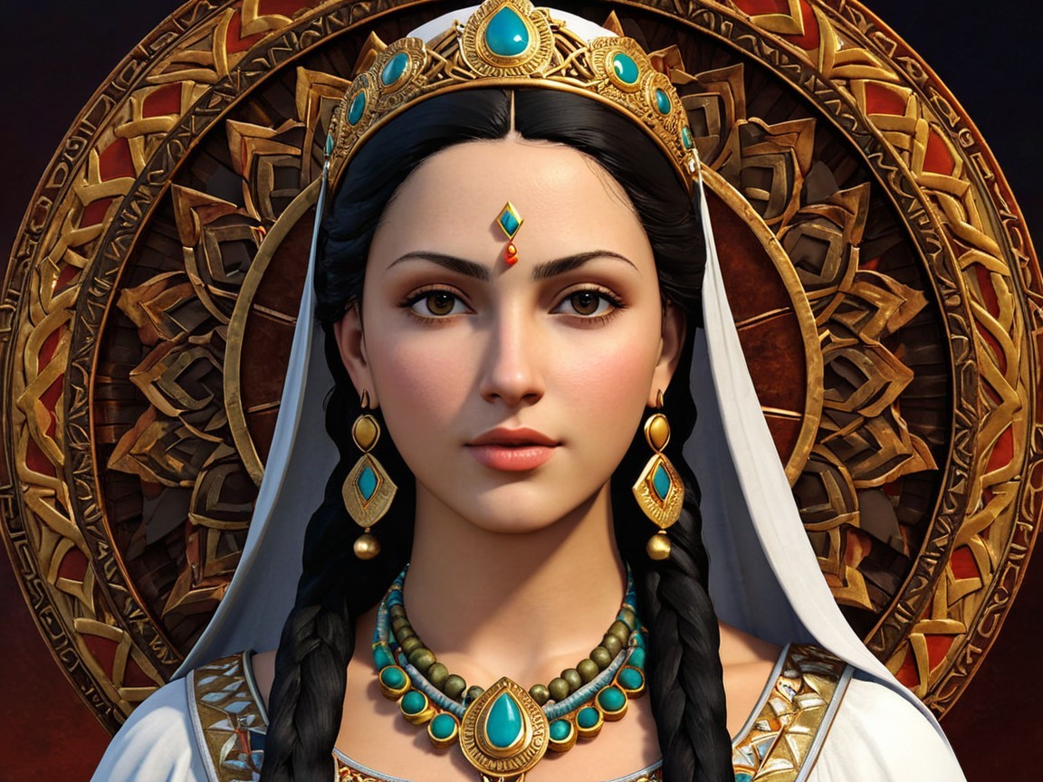 Regal woman in crown and detailed white gown