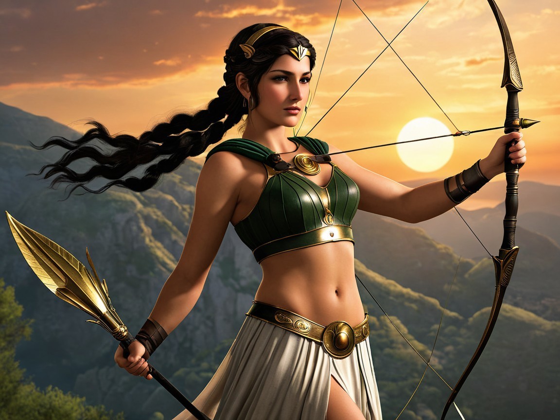 Fierce Female Warrior in Green and Gold Armor