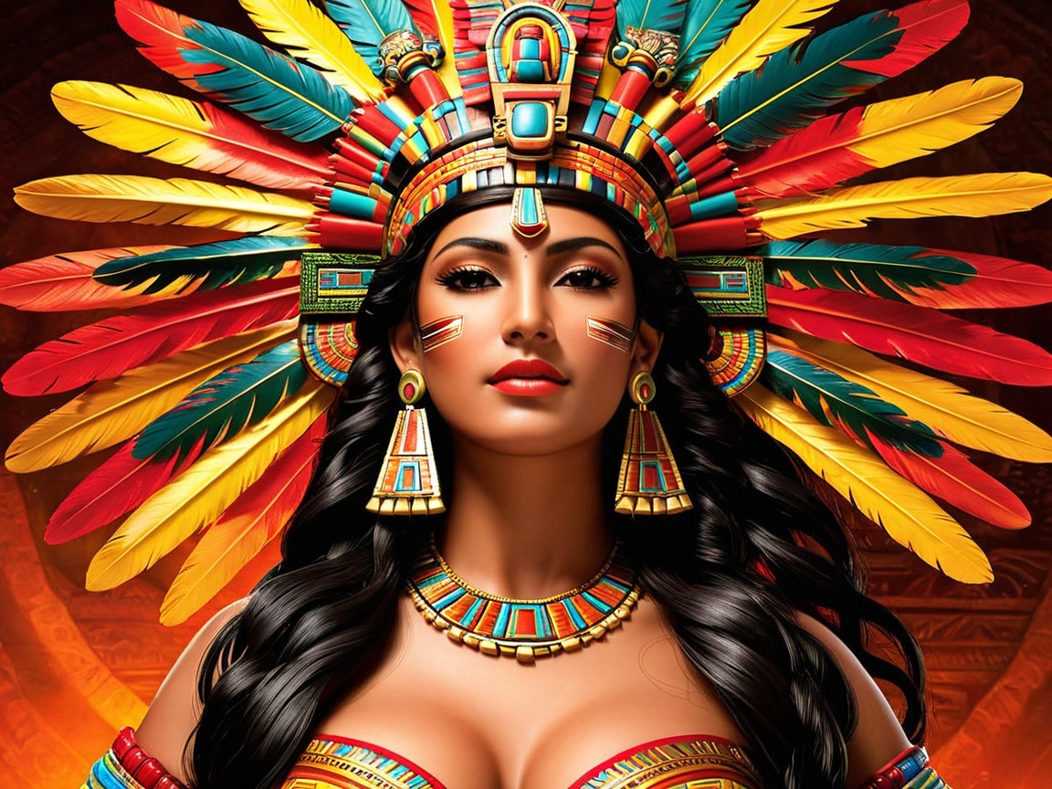 Close-Up Portrait of Woman in Feathered Headdress