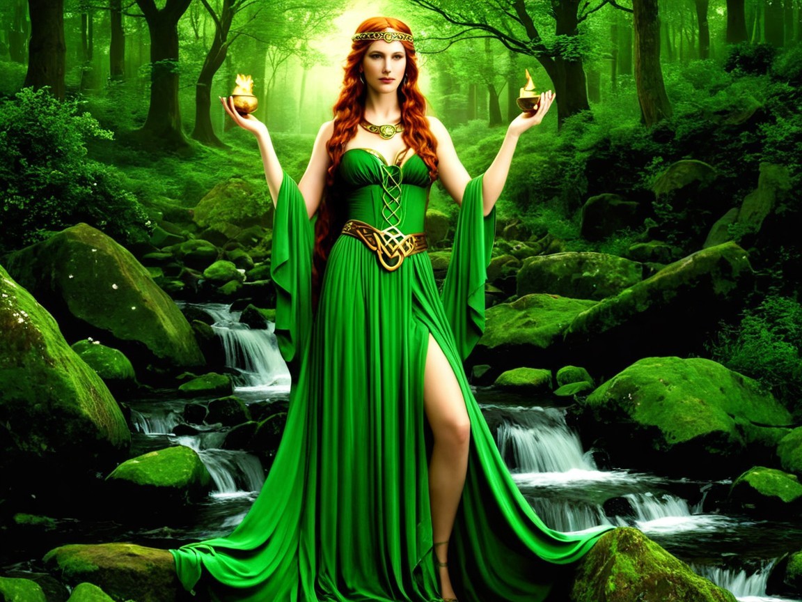 Full body portrait of a ginger-haired woman in nature