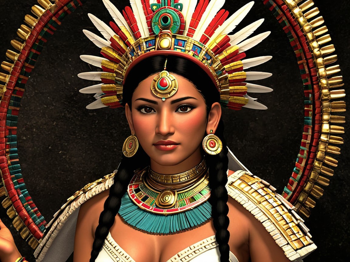Adorned figure in vibrant headdress and jewelry