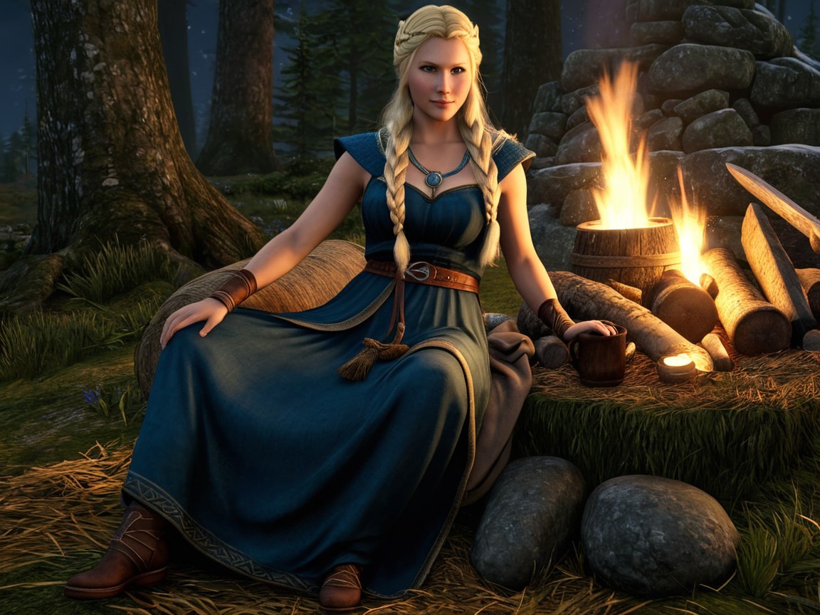 Serene Forest Scene with Woman by Campfire at Dusk
