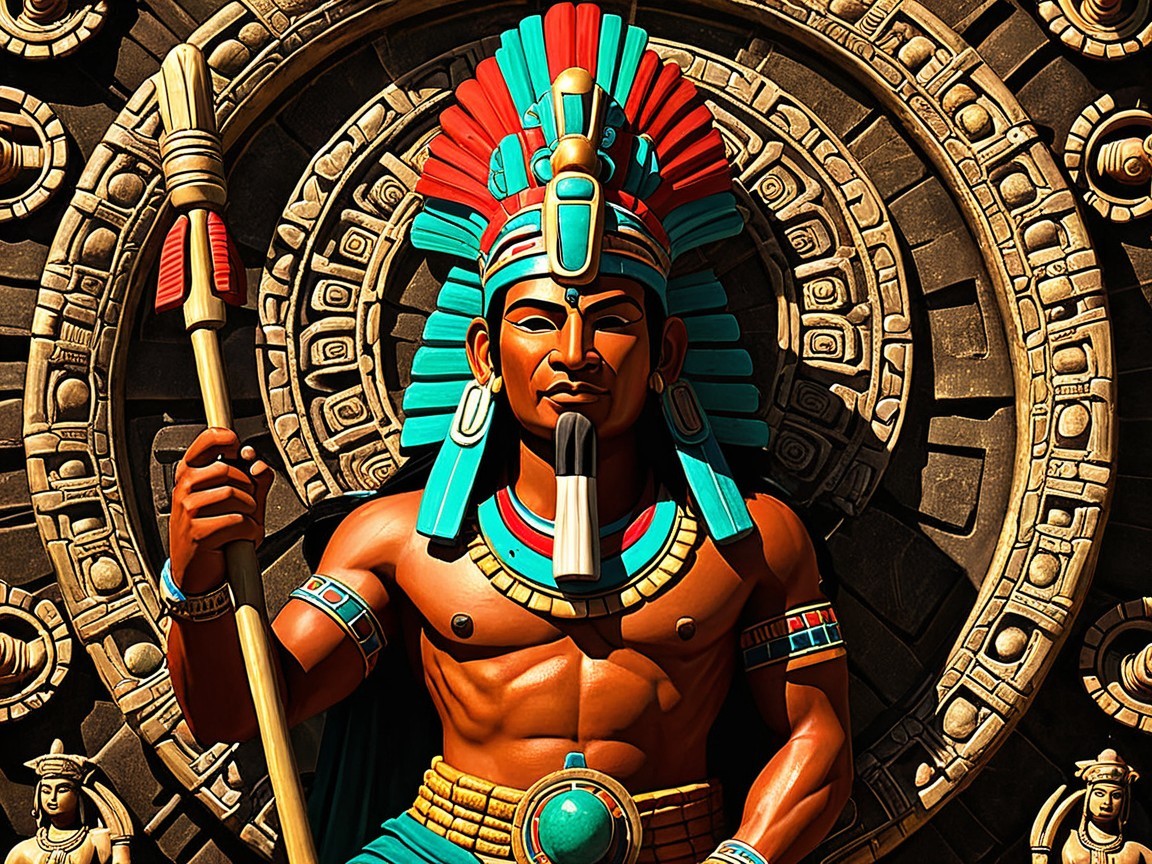Mesoamerican Deity Statue with Turquoise and Red Adornments