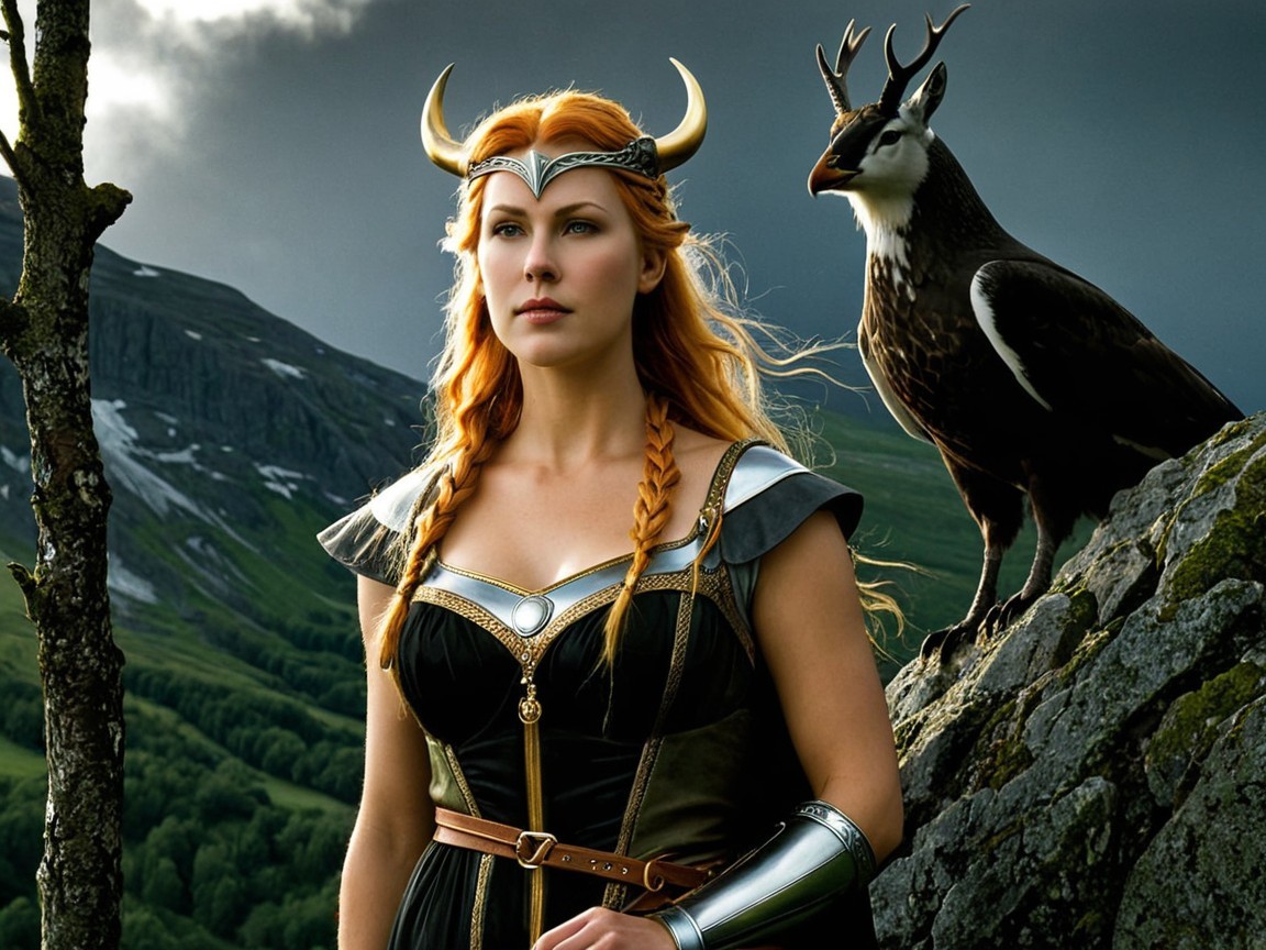 Fierce Warrior Woman in Dark Gown with Majestic Eagle