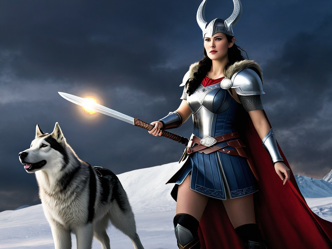 Fierce Female Warrior in Snowy Landscape with Wolf