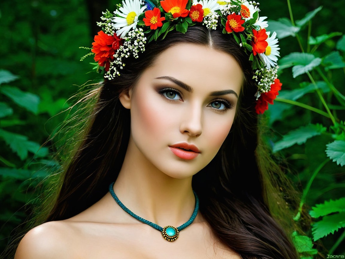 Young woman with floral crown in lush green setting