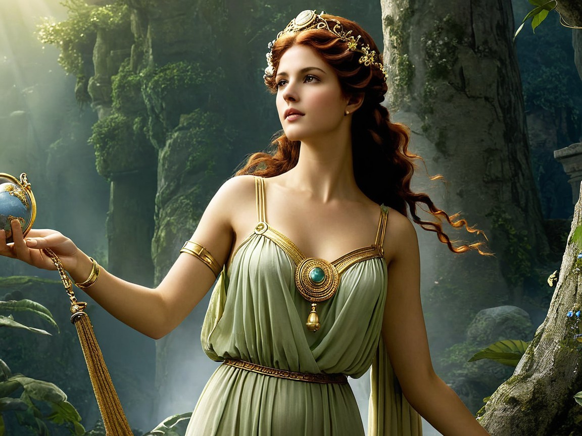 Regal Woman in Pale Green Gown with Globe