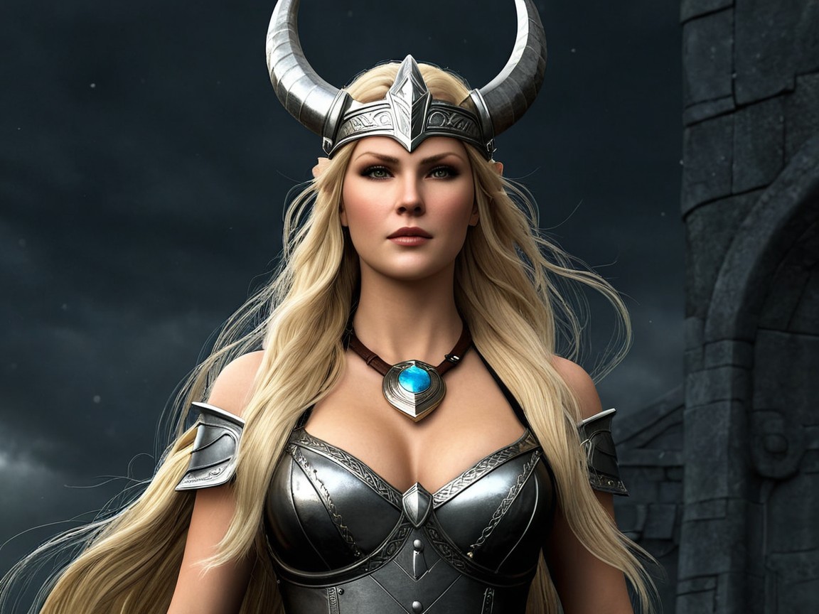 Fierce Warrior Woman in Silver Armor with Horned Helmet