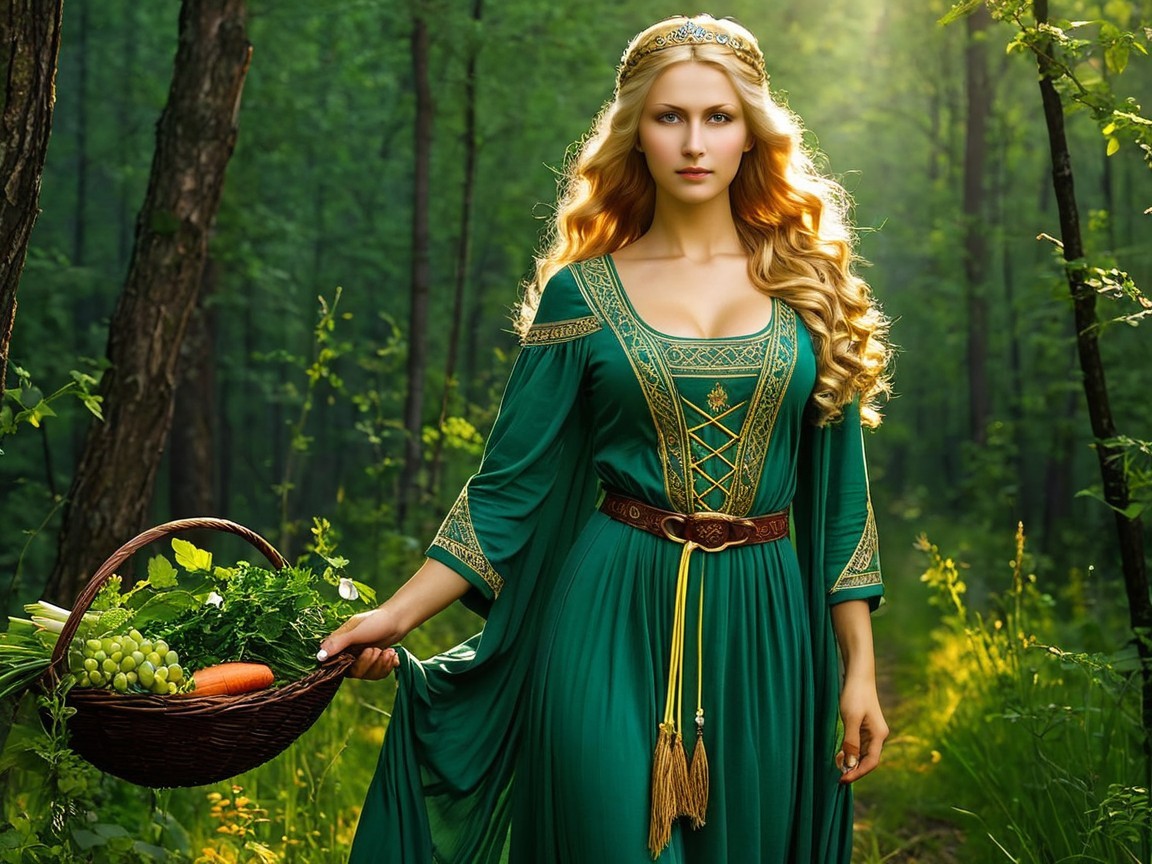 Elegant woman in green gown in vibrant forest setting