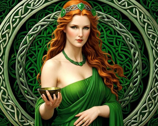 Striking Woman in Green Gown with Celtic Background