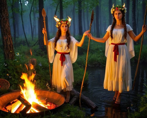Ethereal Figures in a Mystical Twilight Forest Scene