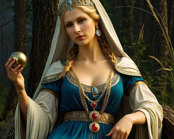 Medieval Woman in Forest with Golden Orb and Crown
