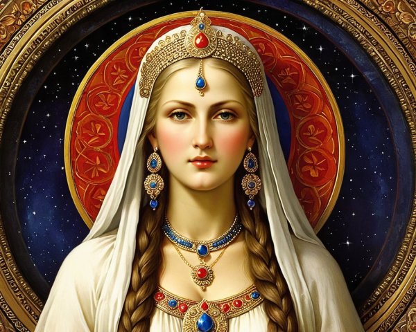 Regal Woman in Jewelry with Celestial Background