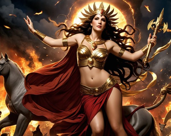 Majestic woman in golden attire with fiery backdrop