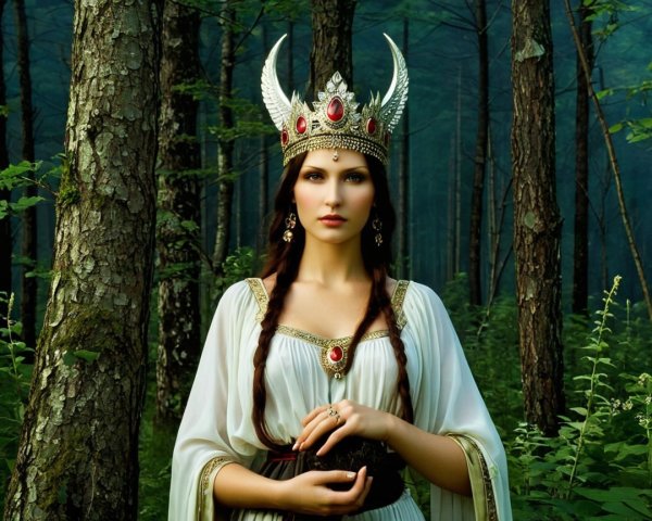 Regal Woman in White Gown in a Mystic Forest