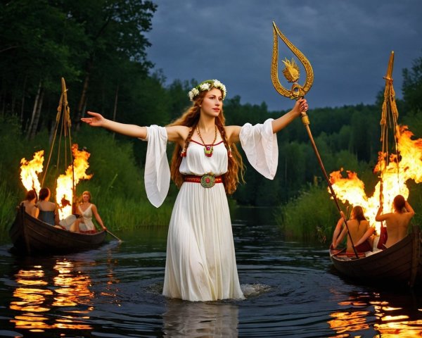 Serene Lake Scene with Woman in White Dress