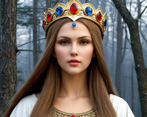 Majestic figure in misty forest with ornate crown