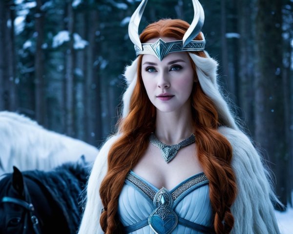 Regal figure in snowy forest with icy-blue gown