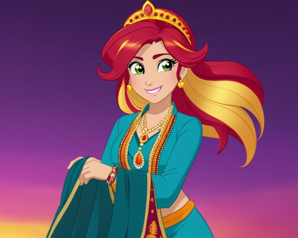 Vibrant animated character with red and golden hair