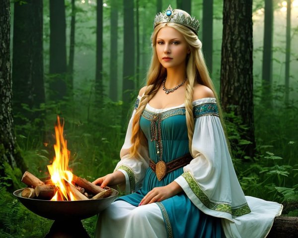 Princess in Turquoise Gown by a Crackling Fire
