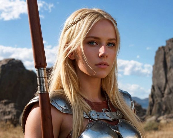 Warrior in Armor Against Rugged Landscape Background