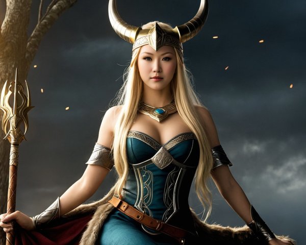 Majestic Figure in Blue Dress and Horned Helmet