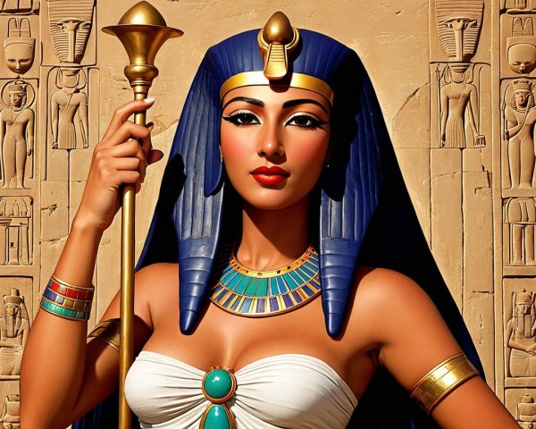 Regal Woman in Ancient Egyptian Attire with Hieroglyphs